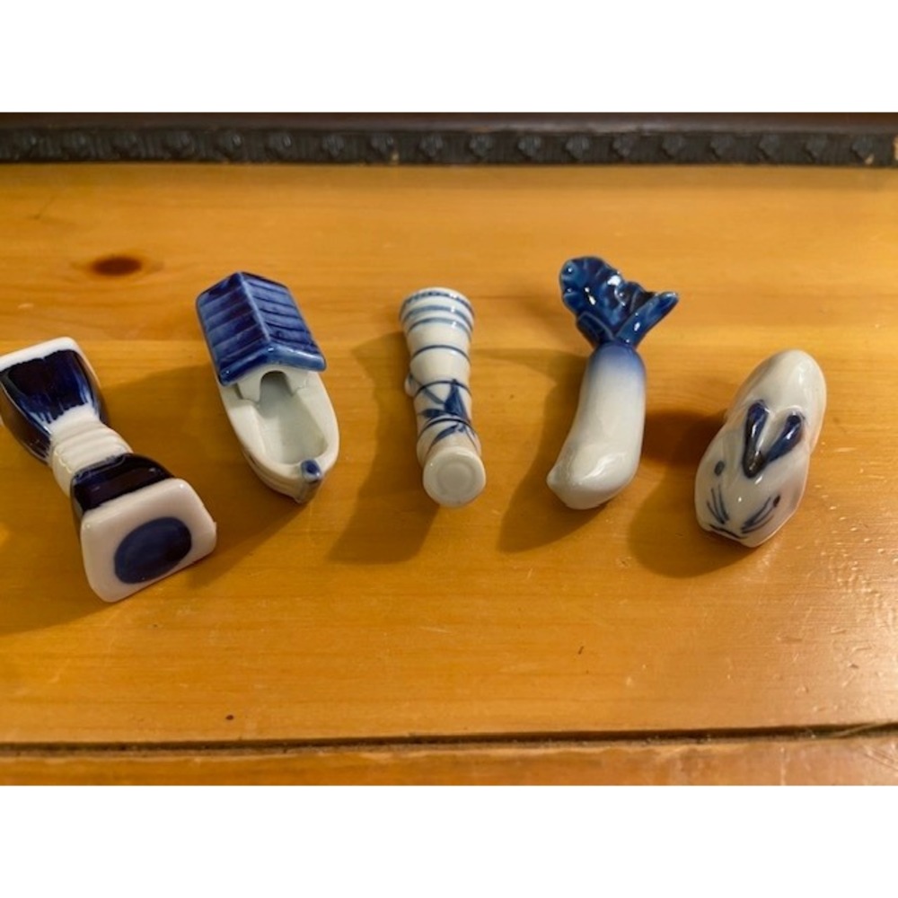 Vintage Chopstick Rest Set 5pc Blue White Porcelain Rabbit Radish Bamboo Boat
